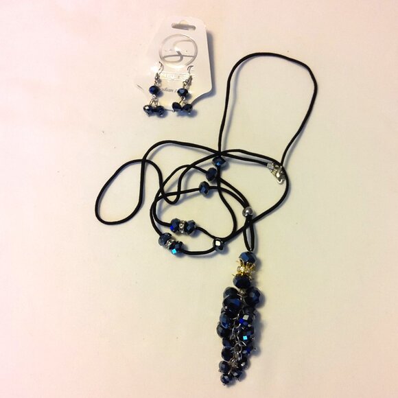 NEW Shelley Long Black Leather Necklace Black Beads Dangle Pendant with Earrings - Picture 1 of 8